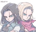  1boy 1girl alternate_hair_color android_17 android_18 black_hair blonde_hair character_name crossed_arms cyborg dragon_ball dragonball_z earrings jewelry looking_at_viewer neckerchief official_style siblings smile tkgsize twins upper_body vest 