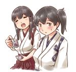  2girls akagi_(kantai_collection) blush breasts brown_eyes brown_hair closed_eyes eyebrows_visible_through_hair gelatin holding holding_spoon japanese_clothes kaga_(kantai_collection) kantai_collection karasu_(naoshow357) large_breasts long_hair looking_at_another looking_away multiple_girls open_mouth side_ponytail simple_background straight_hair tasuki upper_body white_background 