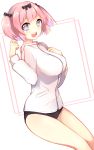  1girl :d bangs black_bow black_buruma blue_eyes blush bow breasts buruma commentary_request eyebrows_visible_through_hair flower-shaped_pupils hair_bow hand_on_own_chest hands_up hibari_(senran_kagura) highres jacket large_breasts leafwow long_sleeves looking_at_viewer open_mouth pink_hair senran_kagura_(series) senran_kagura_new_wave smile solo two_side_up white_jacket 