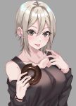  1girl :p bare_shoulders blonde_hair blush breasts collarbone detached_sleeves doughnut earrings eyelashes food grey_background hair_between_eyes hamu_(plot_sy) highres holding holding_food idolmaster idolmaster_cinderella_girls jewelry large_breasts long_sleeves looking_at_viewer shiny shiny_hair shiomi_shuuko short_hair simple_background smile solo stud_earrings tank_top tongue tongue_out upper_body wristband 