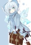  1girl alternate_costume animal_print aqua_hair bag black_ribbon blue_bow blue_coat bow cat_print cirno commentary_request gloves green_eyes hair_bow ice ice_wings inasa_orange looking_at_viewer open_mouth polka_dot ribbon scarf shoes socks solo striped striped_legwear touhou wings 
