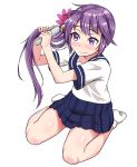  1girl adjusting_hair akebono_(kantai_collection) bell comb commentary_request evo_(pixiv13178077) flower hair_flower hair_ornament highres holding kantai_collection long_hair purple_hair school_uniform serafuku side_ponytail simple_background sitting smile solo violet_eyes wariza 