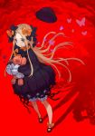  1girl abigail_williams_(fate/grand_order) bangs black_bow black_dress black_footwear black_hat blonde_hair bloomers blue_eyes bow butterfly different_shadow dress fate/grand_order fate_(series) hair_bow hat hat_removed headwear_removed long_hair long_sleeves looking_away mary_janes object_hug orange_bow parted_bangs polka_dot polka_dot_bow red_background shoes sleeves_past_fingers sleeves_past_wrists smile solo stuffed_animal stuffed_toy teddy_bear underwear white_bloomers yuu_(higashi_no_penguin) 