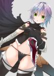  1girl arm_belt bandage bandaged_arm belt_buckle black_panties buckle dagger dual_wielding fate/apocrypha fate/grand_order fate_(series) gloves grey_background holding holding_knife jack_the_ripper_(fate/apocrypha) knife lowleg lowleg_panties open_mouth panties reverse_grip scar scar_across_eye scar_on_cheek shoulder_tattoo silver_hair simple_background single_glove solo tattoo tetranono underwear weapon 