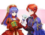  1boy 1girl 2900cm blue_eyes blue_hair blush cape closed_eyes couple dress fire_emblem fire_emblem:_fuuin_no_tsurugi fire_emblem_heroes gift gloves hat hetero jewelry lilina long_hair open_mouth redhead roy_(fire_emblem) short_hair simple_background smile 