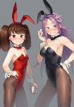  2girls ahoge alternate_costume animal_ears armpits bangs bare_shoulders black_bow black_hairband black_leotard black_neckwear blush bow bowtie breasts brown_eyes brown_legwear bunny_tail bunnysuit cleavage contrapposto covered_navel cowboy_shot cup detached_collar drinking_glass gahaku grey_background hairband hand_on_hip holding holding_drinking_glass ice ice_cube jun&#039;you_(kantai_collection) kantai_collection legs_apart leotard long_hair looking_at_viewer medium_breasts multiple_girls nose_blush pantyhose parted_bangs purple_hair rabbit_ears red_bow red_leotard red_neckwear ryuujou_(kantai_collection) shiny shiny_skin simple_background small_breasts standing straight_hair strapless strapless_leotard tail twintails v-shaped_eyebrows very_long_hair violet_eyes wrist_cuffs 