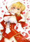  1girl ahoge akariko_(akaringo) blonde_hair breasts cleavage epaulettes fate/extra fate_(series) green_eyes hair_ribbon hand_on_hip highres looking_at_viewer medium_breasts nero_claudius_(fate) nero_claudius_(fate)_(all) petals red_ribbon ribbon short_hair simple_background smile solo white_background 