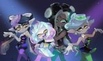  4girls aori_(splatoon) ava-riel cephalopod_eyes commentary dark_skin fangs highres hime_(splatoon) hotaru_(splatoon) iida_(splatoon) looking_at_viewer mole mole_under_eye mole_under_mouth multiple_girls pointy_ears smile splatoon splatoon_1 splatoon_2 tentacle_hair 