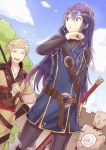  1boy 1girl blonde_hair blue_eyes blue_hair cape dinikee eudes_(fire_emblem) falchion_(fire_emblem) fire_emblem fire_emblem:_kakusei long_hair lucina short_hair sky smile sword tiara weapon 