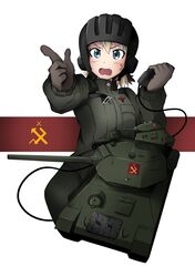  1girl bangs black_gloves blonde_hair blue_eyes commentary cowboy_shot cropped_legs datapioka emblem fang girls_und_panzer gloves ground_vehicle helmet highres holding katyusha long_sleeves looking_at_viewer military military_uniform military_vehicle motor_vehicle open_mouth pointing pointing_at_viewer pravda_(emblem) pravda_military_uniform radio short_hair short_jumpsuit simple_background solo t-34 tank uniform v-shaped_eyebrows wavy_mouth white_background 