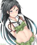  1girl absurdres armpit_cutout arms_behind_back bangs belt black_hair blue_eyes blue_hair blush closed_mouth crop_top dutch_angle gradient_hair hair_ribbon highres hip_vent kantai_collection katsuragi_(kantai_collection) kiritto long_hair midriff multicolored_hair navel parted_bangs ponytail raised_eyebrows ribbon shiny shiny_hair shiny_skin short_sleeves simple_background skirt smile solo stomach straight_hair twitter_username upper_body very_long_hair wavy_mouth white_background white_ribbon white_skirt 
