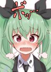  1girl :d absurdres anchovy blush brown_eyes commentary_request elbow_gloves girls_und_panzer gloves green_hair hair_ribbon highres long_hair looking_at_viewer okitsugu open_mouth ribbon smile solo translated twintails 