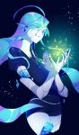  ahoge alexandrite_(houseki_no_kuni) androgynous aqua_eyes aqua_hair blue_eyes blue_hair broken crack dohiso gem gem_uniform_(houseki_no_kuni) glowing highres houseki_no_kuni long_hair missing_limb necktie shorts solo 