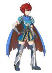  1girl armor blue_eyes blue_hair cape cosplay fire_emblem fire_emblem:_fuuin_no_tsurugi fire_emblem_heroes fire_emblem_if full_body gloves highres hinoka_(fire_emblem_if) looking_at_viewer red_eyes redhead roy_(fire_emblem) roy_(fire_emblem)_(cosplay) sarukaiwolf short_hair simple_background smile solo white_background 