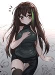  1girl asymmetrical_clothes bag bangs bare_arms bare_shoulders black_pants breasts brown_eyes brown_hair collarbone eyebrows_visible_through_hair fingernails girls_frontline gloves green_hair green_shirt hair_between_eyes hand_on_own_chest head_tilt highres large_breasts long_hair m4a1_(girls_frontline) multicolored_hair pants parted_lips ribbed_shirt satchel shirt single_pantsleg sitting sleeveless sleeveless_shirt streaked_hair tandohark very_long_hair 