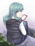  1girl alternate_costume blue_pants cellphone commentary_request green_eyes green_hair holding holding_phone ishii_hisao kantai_collection long_hair long_sleeves pants phone sitting smartphone solo suzuya_(kantai_collection) 