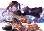  1girl black_hair cape cherry_blossoms gloves hat japanese_clothes kimono lma long_hair looking_at_viewer love_live! love_live!_sunshine!! matsuura_kanan one_eye_closed ponytail smile solo sword teeth thigh-highs violet_eyes weapon wind 