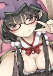  1girl black_hair blush breasts cleavage fate/grand_order fate_(series) glasses highres hood long_hair looking_at_viewer medium_breasts osakabe-hime_(fate/grand_order) peko sketch smile solo upper_body v very_long_hair violet_eyes 
