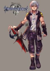  1boy aqua_eyes belt boots broken broken_weapon fingerless_gloves full_body gloves highres hood hoodie keyblade kingdom_hearts kingdom_hearts_iii looking_at_viewer riku short_hair silver_hair smile solo vhazzrhossze walking weapon 