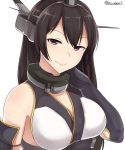  1girl absurdres bare_shoulders black_gloves black_hair blush breasts collar elbow_gloves gloves hand_on_own_neck hand_up headgear highres kantai_collection kiritto large_breasts long_hair looking_at_viewer nagato_(kantai_collection) red_eyes seductive_smile shiny shiny_hair simple_background sleeveless smile solo straight_hair twitter_username underbust white_background 