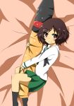  1girl akiyama_yukari bangs bed_sheet black_legwear black_neckwear blouse brown_eyes brown_hair eyebrows_visible_through_hair girls_und_panzer green_skirt highres long_sleeves looking_at_viewer lying messy_hair miniskirt neckerchief no_shoes olly_(ollycrescent) on_bed on_side ooarai_school_uniform open_mouth pillow pleated_skirt school_uniform serafuku short_hair skirt smile socks solo straddling tank_shell white_blouse 