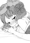  1girl bare_shoulders blush breasts fate/grand_order fate_(series) flower garyou greyscale hair_flower hair_ornament japanese_clothes katsushika_hokusai_(fate/grand_order) kimono looking_at_viewer medium_breasts monochrome parted_lips short_hair sketch solo sweat 