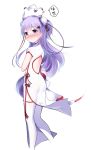  1girl ass azur_lane blush china_dress chinese_clothes closed_mouth double_bun dress from_behind linhe_de_chuangzi long_hair looking_at_viewer looking_back purple_hair simple_background smile solo thigh-highs unicorn unicorn_(azur_lane) violet_eyes white_background white_legwear 