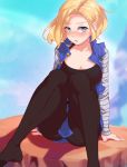  1girl android_18 animeflux black_legwear blonde_hair blue_eyes blush collarbone commentary dragon_ball dragonball_z looking_at_viewer no_shoes open_mouth pantyhose short_hair sitting solo 