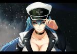  1girl akame_ga_kill! blue_eyes blue_hair breasts choker cleavage esdeath hat hat_tip kangaruu_(momotk1109) large_breasts long_hair looking_at_viewer military military_uniform peaked_cap solo uniform very_long_hair 