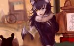 1girl animal_ears blush fur_collar grey_wolf_(kemono_friends) heterochromia kemono_friends long_hair long_sleeves looking_at_viewer multicolored_hair necktie open_mouth smile solo tail un_do wolf_ears wolf_tail 