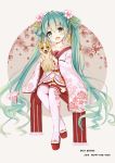  1girl 2018 absurdres dog fang flower green_eyes green_hair hair_flower hair_ornament happy_new_year hatsune_miku head_tilt highres holding_dog japanese_clothes long_hair new_year open_mouth sitting solo thigh-highs thirdo twintails very_long_hair vocaloid 