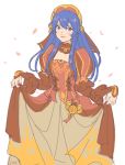  1girl blue_eyes blue_hair blush dress fire_emblem fire_emblem:_fuuin_no_tsurugi fire_emblem_heroes hat highres jivke lilina long_hair open_mouth simple_background smile solo 