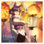  1girl alternate_hairstyle animal animal_ears artist_name atago_(azur_lane) azur_lane backlighting bell black_hair breasts chinese_new_year copyright_name covered_navel dog earrings enpera eyebrows_visible_through_hair hair_bell hair_between_eyes hair_ornament hair_ribbon highres japanese_clothes jewelry jingle_bell kimono lantern large_breasts light long_hair long_sleeves looking_at_viewer mole mole_under_eye obi own_hands_together pandea_work parted_lips red_ribbon ribbon sash scarf shiny shiny_hair smile solo stud_earrings underbust upper_body white_kimono white_scarf wide_sleeves 