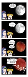  2girls 4koma :3 absurdres bangs bkub_(style) blue_eyes blue_hair blue_moon blunt_bangs bow chin_stroking clenched_hands comic constricted_pupils crossed_arms dragon_ball dragonball_z eclipse english full_moon hair_bow hair_ornament hair_scrunchie highres lunar_eclipse moon multiple_girls pipimi poptepipic popuko red_bow red_moon school_uniform scouter scrunchie serafuku sidelocks two_side_up viperxtr yellow_eyes yellow_scrunchie 