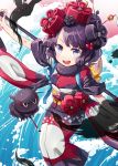  1girl black_hair blue_eyes calligraphy calligraphy_brush coconat_summer fate/grand_order fate_(series) flower hair_flower hair_ornament highres ink japanese_clothes katsushika_hokusai_(fate/grand_order) kimono looking_at_viewer octopus open_mouth paintbrush short_hair smile solo 