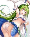  1girl arm_up armpits ass bending_forward blue_eyes blue_skirt breasts commentary_request cowboy_shot detached_sleeves efe eyebrows_visible_through_hair from_behind gradient gradient_background green_hair grey_background hair_ornament hair_tubes holding kochiya_sanae large_breasts long_hair long_sleeves looking_back midriff open_mouth panties shirt simple_background skirt sleeveless sleeveless_shirt snake_hair_ornament solo touhou under_boob underwear very_long_hair white_background white_panties white_shirt wide_sleeves 