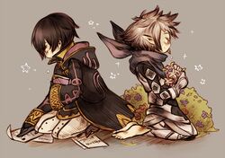  2boys barefoot black_hair book bouquet cloak fire_emblem fire_emblem:_kakusei fire_emblem_if flower hair_bun kanna_(fire_emblem_if) kneeling mark_(fire_emblem) momoppi multiple_boys pages pointy_ears scarf silver_hair smile tears 