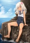  1girl :d arms_at_sides bangs bare_legs barefoot black_swimsuit blonde_hair blue_sky blue_swimsuit blush breasts broiler character_name clothes_writing clouds covered_navel crop_top day eyebrows_visible_through_hair full_body highres horizon japanese_flag kantai_collection long_hair looking_away looking_down ocean one-piece_tan open_mouth ro-500_(kantai_collection) rock school_swimsuit shiny shiny_skin sitting skin_tight sky sleeveless small_breasts smile solo starfish_hair_ornament straight_hair swimsuit swimsuit_under_clothes tan tanline tareme upper_teeth water water_drop wet wet_clothes wet_swimsuit 