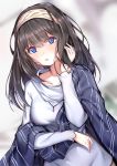  1girl black_hair blue_eyes eyebrows_visible_through_hair hair_between_eyes hairband hand_in_hair idolmaster idolmaster_cinderella_girls jewelry long_hair looking_at_viewer necklace parted_lips sagisawa_fumika solo sparkle striped sunege_(hp0715) sweater upper_body white_hairband white_sweater 