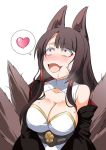  1girl :d akagi_(azur_lane) animal_ears azur_lane blush breasts brown_hair cleavage commentary_request drooling eyeliner fangs fox_ears fox_tail long_hair makeup multiple_tails open_mouth red_eyes simple_background smile solo steed_(steed_enterprise) sweat tail 