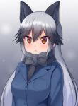  1girl animal_ears black_bow black_hair black_neckwear blush bow bowtie breasts brown_eyes closed_mouth commentary_request eyebrows_visible_through_hair eyelashes fox_ears grey_hair hair_between_eyes highres jacket kemono_friends lips long_hair looking_at_viewer medium_breasts multicolored_hair silver_fox_(kemono_friends) solo upper_body watayoshi_(suiiho) 