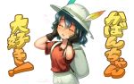  1girl :d ^_^ backpack bag black_gloves blue_hair blush closed_eyes commentary_request eyebrows_visible_through_hair facing_viewer gloves hair_between_eyes hands_on_own_face hat hat_feather kaban_(kemono_friends) kemono_friends open_mouth red_shirt shirt short_sleeves signature simple_background smile solo translation_request upper_body welt_(kinsei_koutenkyoku) white_background white_hat 
