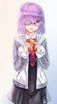  1girl :d akaya_(pixiv20545353) black-framed_eyewear black_dress blush bow box dress eyebrows_visible_through_hair eyes_visible_through_hair fate/grand_order fate_(series) gift gift_box glasses grey_jacket hair_over_one_eye highres holding holding_gift jacket long_sleeves looking_at_viewer mash_kyrielight multicolored multicolored_background necktie open_clothes open_jacket open_mouth purple_hair red_neckwear shielder_(fate/grand_order) short_hair smile solo track_jacket upper_body violet_eyes yellow_bow 
