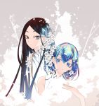  androgynous black_eyes black_hair blue_eyes blue_hair bort diamond_(houseki_no_kuni) flower hair_flower hair_ornament highres houseki_no_kuni long_hair looking_at_viewer multicolored_hair rainbow_hair short_hair sleeveless smile 