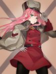  bangs black_legwear commentary cowboy_shot darling_in_the_franxx dress eyebrows_visible_through_hair gloves green_eyes grey_gloves grey_hat grey_jacket hand_on_headwear hand_on_hip jacket jacket_on_shoulders long_hair long_sleeves looking_at_viewer mochii mouth_hold pantyhose pink_hair red_dress very_long_hair yellow_neckwear zero_two_(darling_in_the_franxx) 