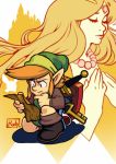  1boy 1girl 2016 80s bomb boots brown_hair commentary darkdux fairy forehead_jewel hat jewelry key link map necklace oldschool one_knee pearl_necklace pointy_ears princess_zelda shield sidelocks signature solo_focus sword the_legend_of_zelda the_legend_of_zelda:_a_link_to_the_past tunic weapon weapon_on_back 