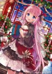  1girl :d bangs blurry blurry_foreground blush box christmas christmas_ornaments christmas_stocking commentary_request copyright_name depth_of_field dress eyebrows_visible_through_hair gift gift_box holding holding_gift indoors long_hair night night_sky nyanya official_art open_mouth pink_hair short_sleeves sid_story sky smile snow snowing solo very_long_hair violet_eyes window 