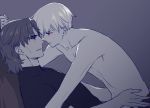  2boys fate/stay_night fate_(series) from_side gilgamesh greyscale kettle21 kotomine_kirei looking_at_another monochrome multiple_boys red_eyes shirtless short_hair short_sleeves smile spot_color upper_body wall_slam yaoi 