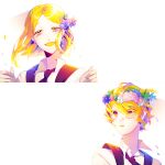  androgynous blonde_hair dohiso flower gem_uniform_(houseki_no_kuni) hair_flower hair_ornament head_wreath highres houseki_no_kuni necktie open_mouth short_hair smile yellow_diamond_(houseki_no_kuni) yellow_eyes zircon_(houseki_no_kuni) 