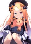  1girl abigail_williams_(fate/grand_order) blonde_hair bow dress fate/grand_order fate_(series) goma0616 green_eyes hair_bow hat heterochromia highres long_sleeves looking_at_viewer polka_dot polka_dot_bow red_eyes simple_background sitting solo stuffed_animal stuffed_toy teddy_bear underwear white_background 
